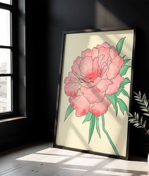 Delicate Pink Peony with Green Leaves Illustration