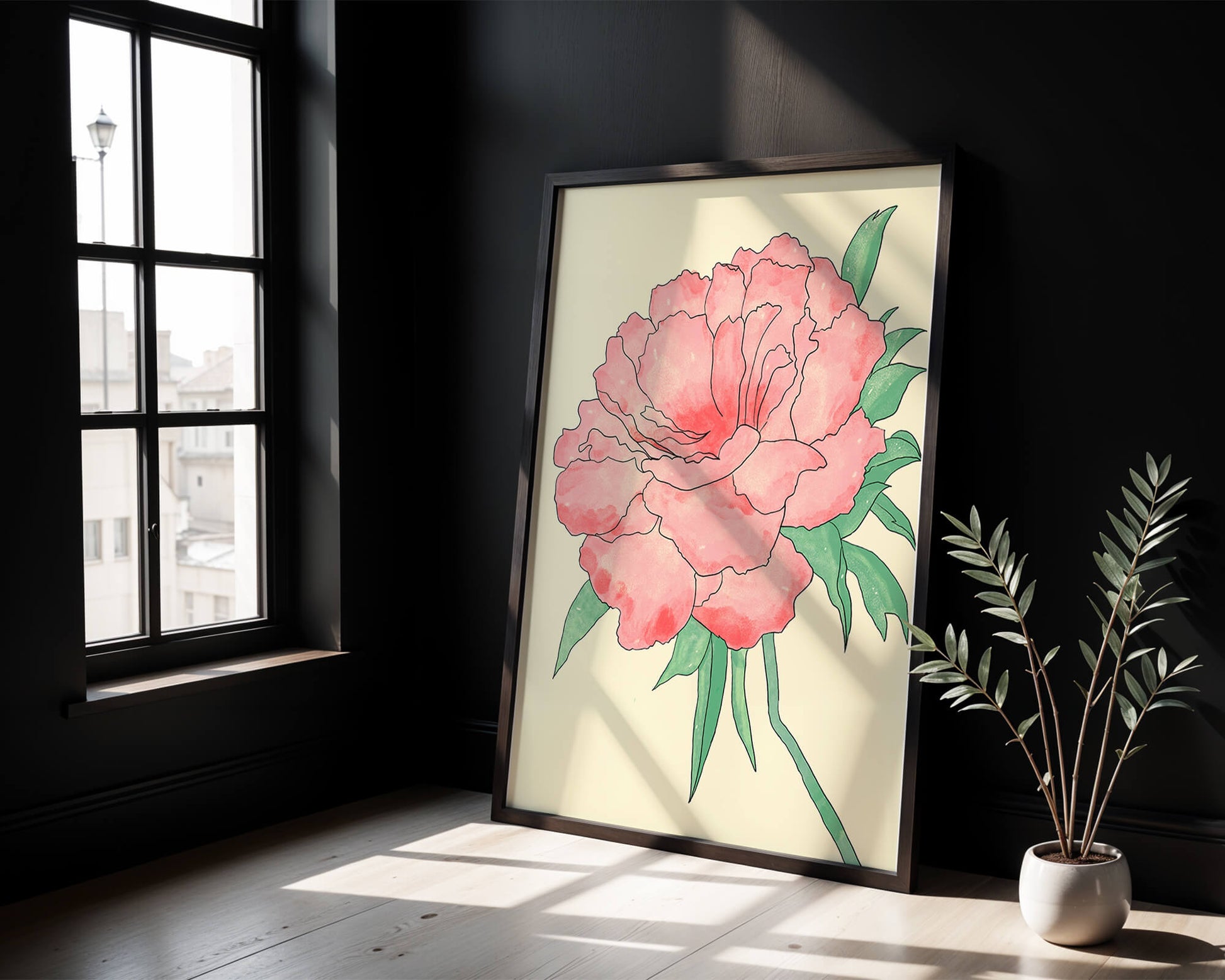 Delicate Pink Peony with Green Leaves Illustration