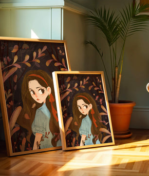 Ilustración elegante de una chica rodeada de follaje abstracto