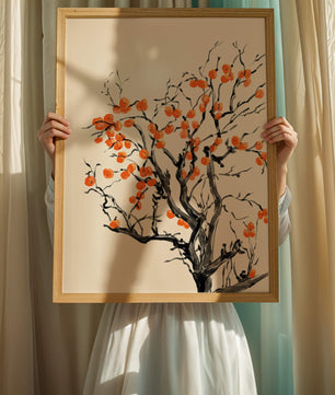 Elegant watercolor tree with vibrant orange fruit