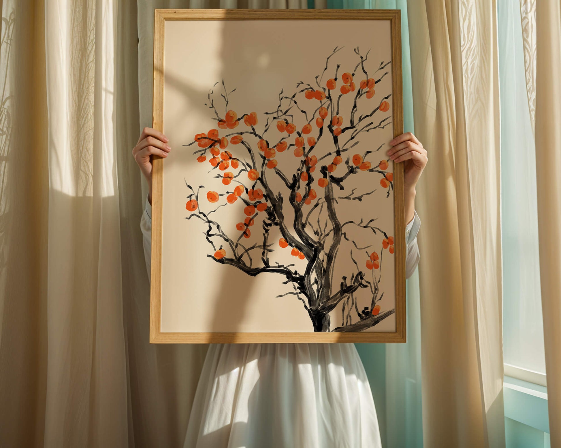 Elegant watercolor tree with vibrant orange fruit