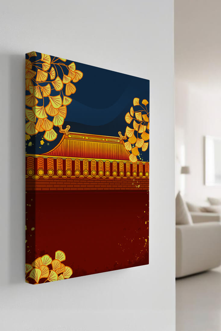 Traditional Asian rooftop with golden foliage on a dark evening sky background