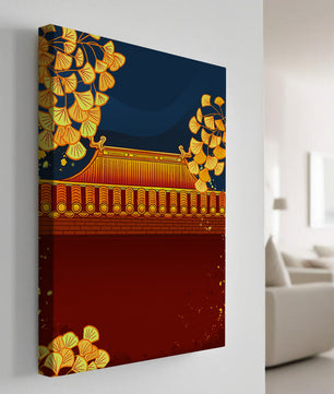 Traditionelles asiatisches Dach mit goldenem Laub auf dunklem Abendhimmel