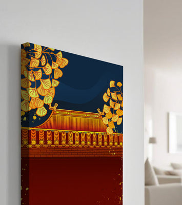 Traditional Asian rooftop with golden foliage on a dark evening sky background