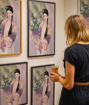 Elegant Asian Woman in Traditional Attire with Floral Background - Mi tienda
