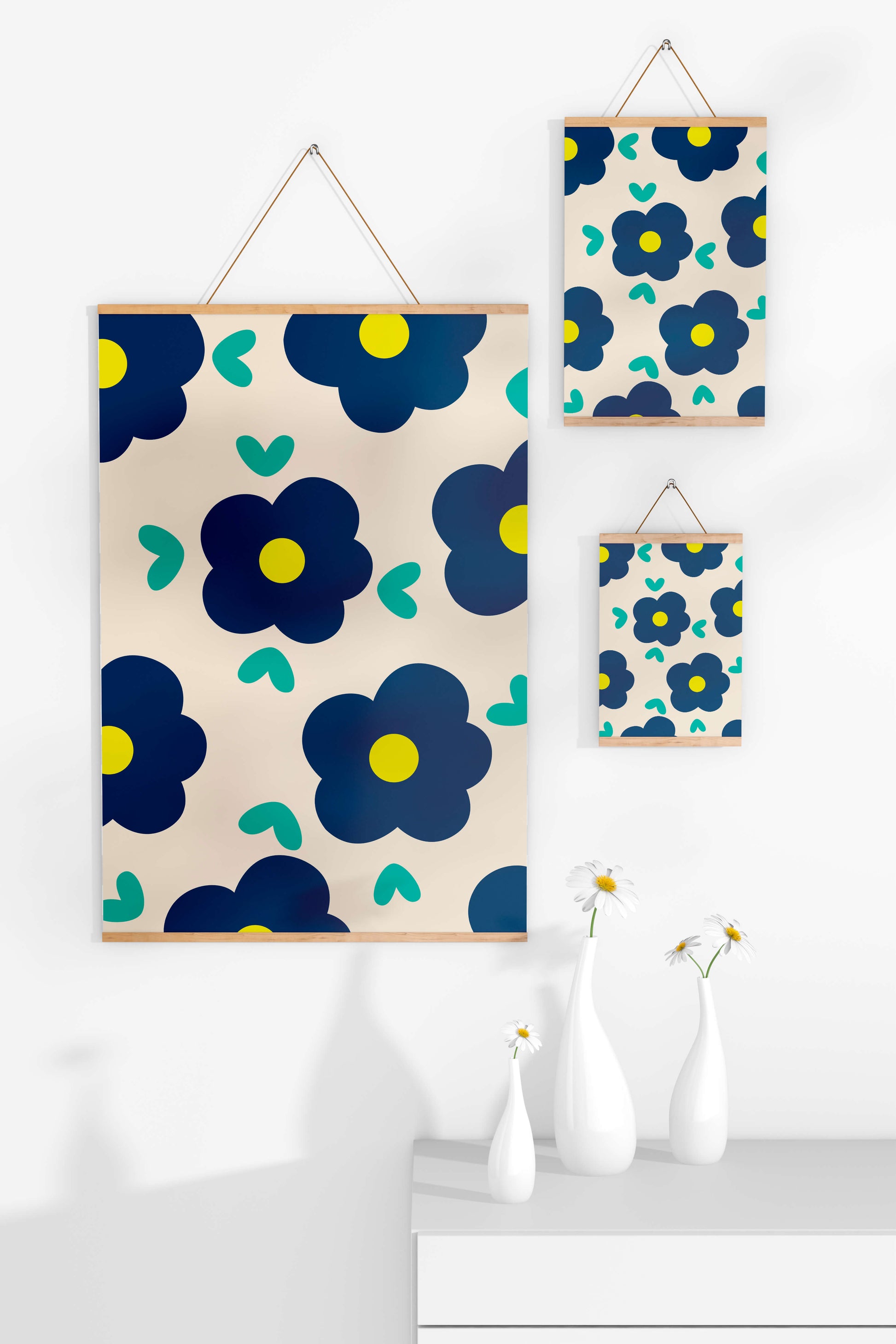 Blue floral pattern with yellow centers on cream background