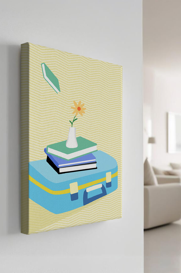 Colorful still life with books, flower vase, and suitcase