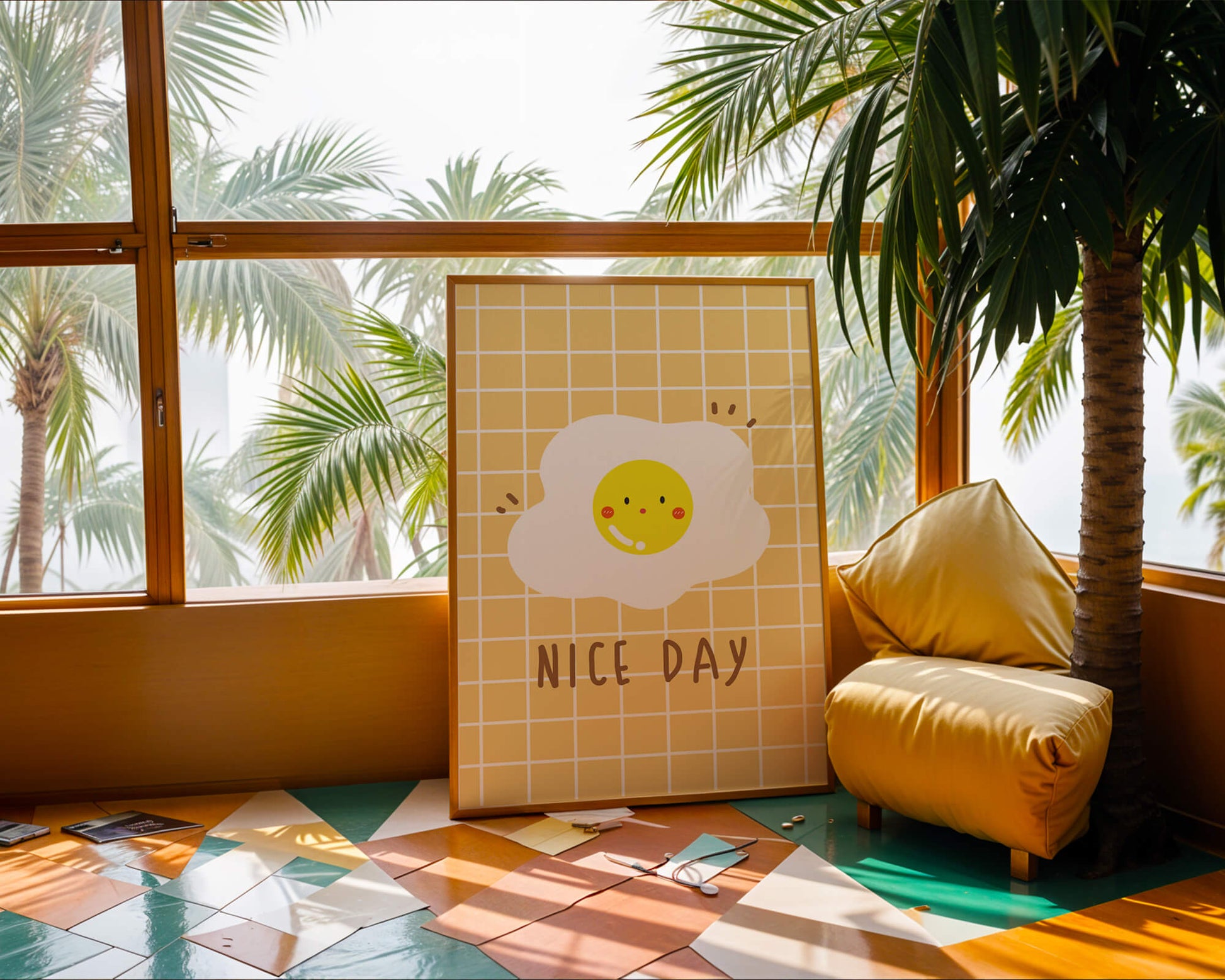 Cheerful egg illustration on yellow grid background