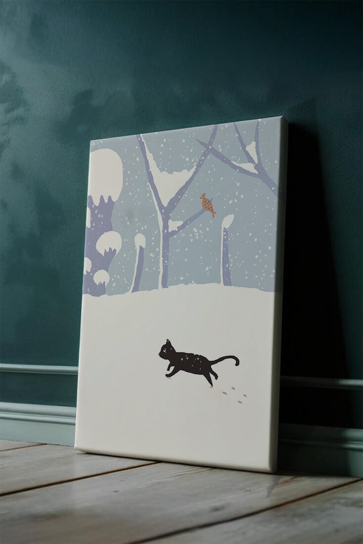 Illustrated snowy landscape with playful black cat and bird in winter scenery