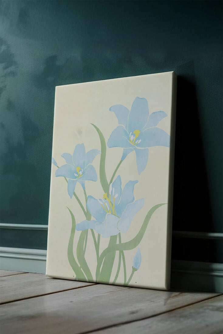 Ilustración elegante de flores azul claro con tallos verdes