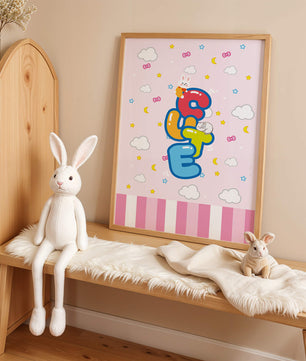 Playful pastel illustration with cute characters and clouds