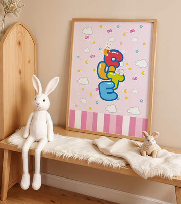 Playful pastel illustration with cute characters and clouds