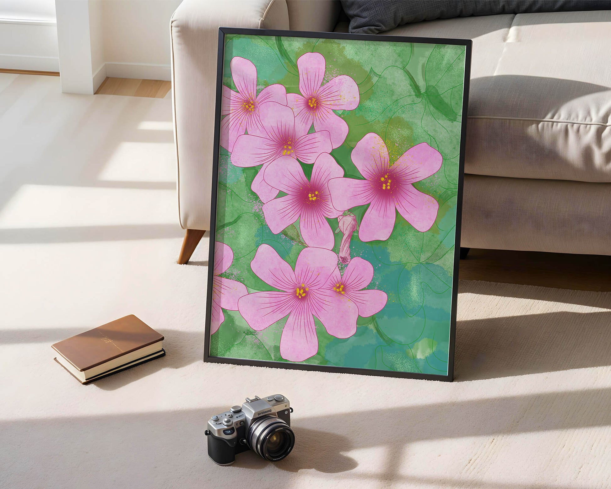 Zarte rosa Blüten auf einem leuchtend grünen Hintergrund Illustration