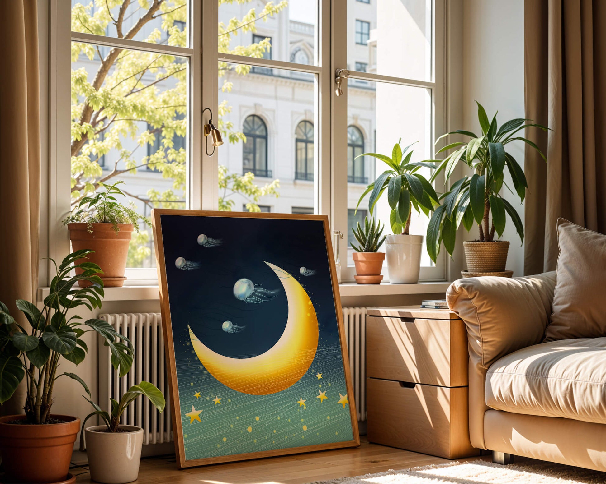 Night sky with golden crescent moon and jellyfish drifting