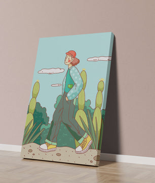 Person walking in desert landscape with cacti