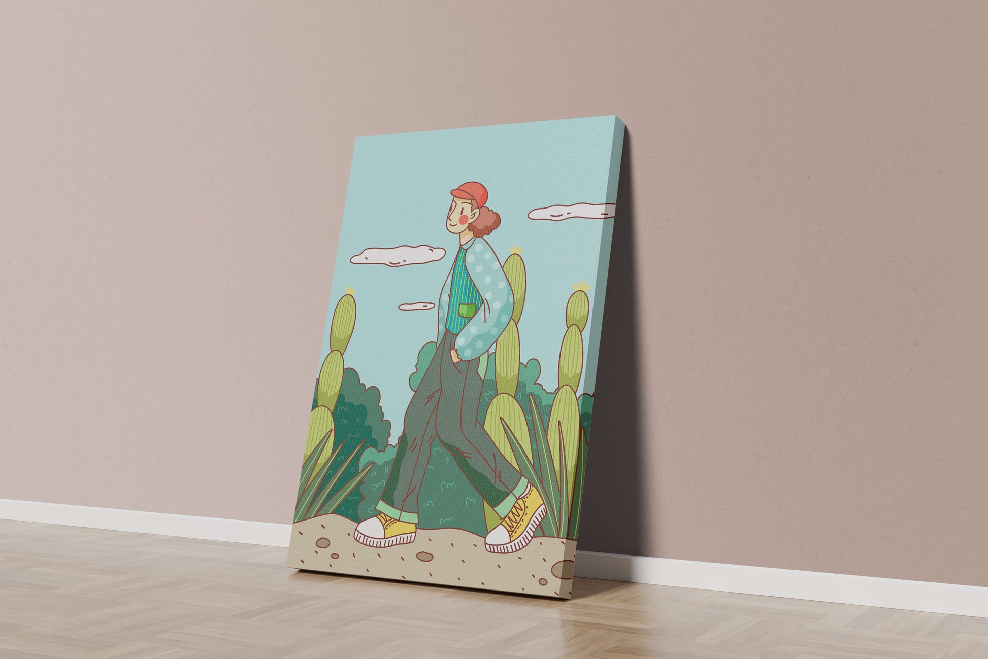 Person walking in desert landscape with cacti