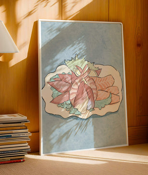 Illustration of seafood platter with shrimp and salmon on a decorative plate