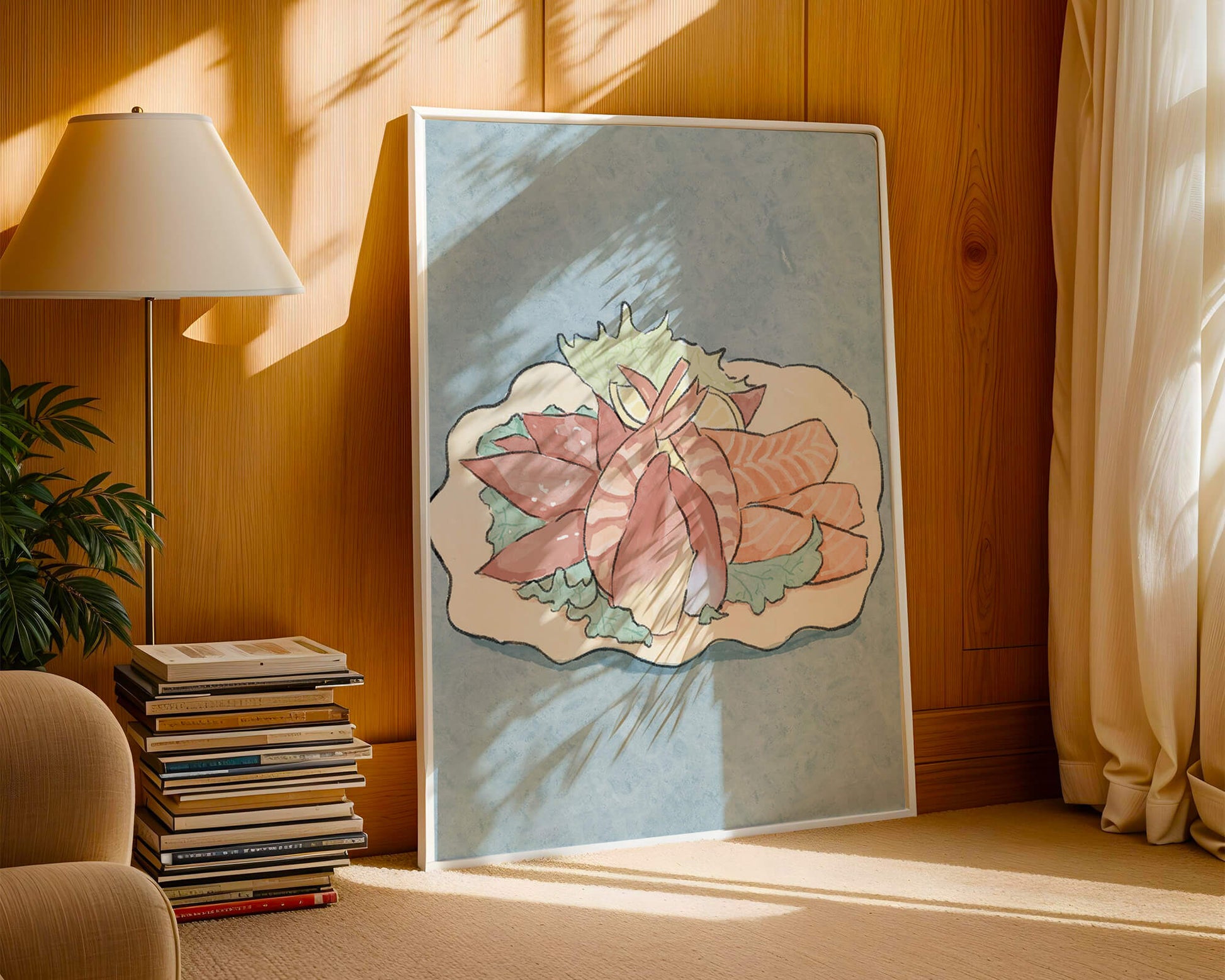 Illustration of seafood platter with shrimp and salmon on a decorative plate