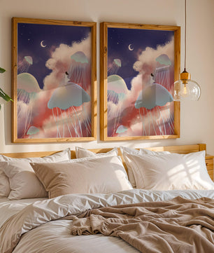 Dreamy Scene with Floating Jellyfish and Moonlit Sky