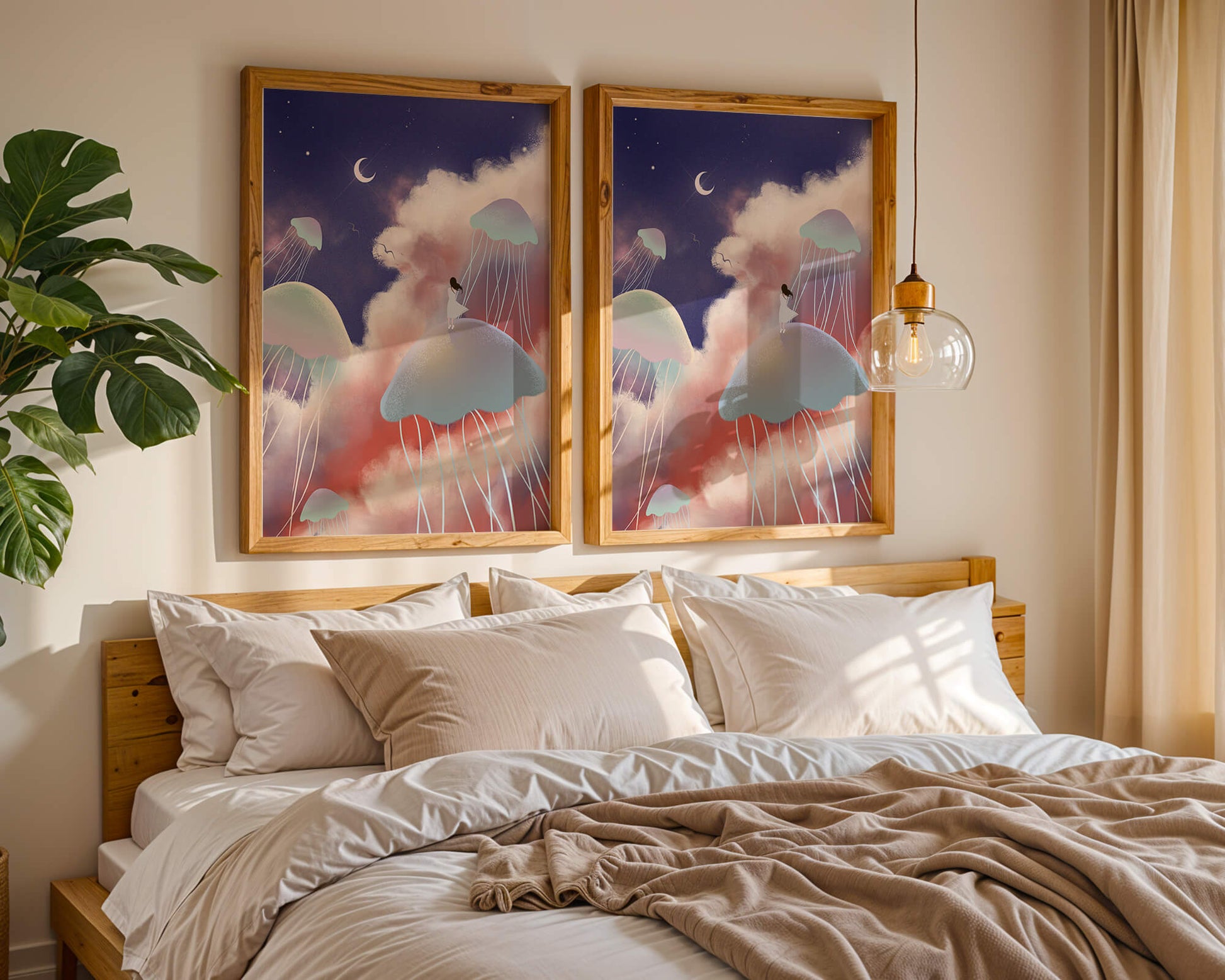 Dreamy Scene with Floating Jellyfish and Moonlit Sky