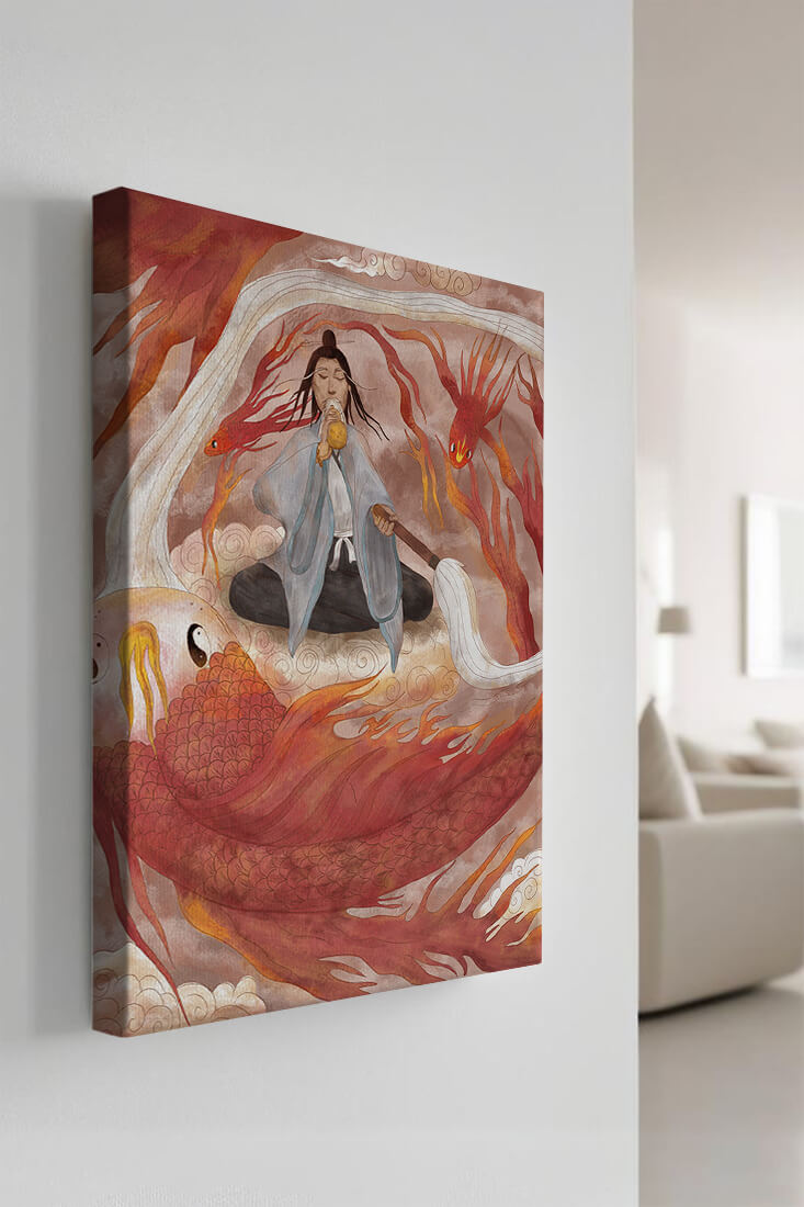 Serene meditation with mystical elements and mythical creatures