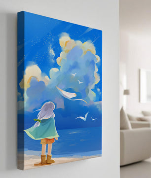 Young person gazing at a vibrant seaside sky with birds flying