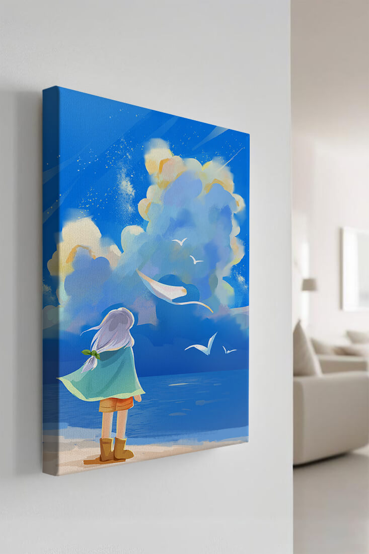 Young person gazing at a vibrant seaside sky with birds flying