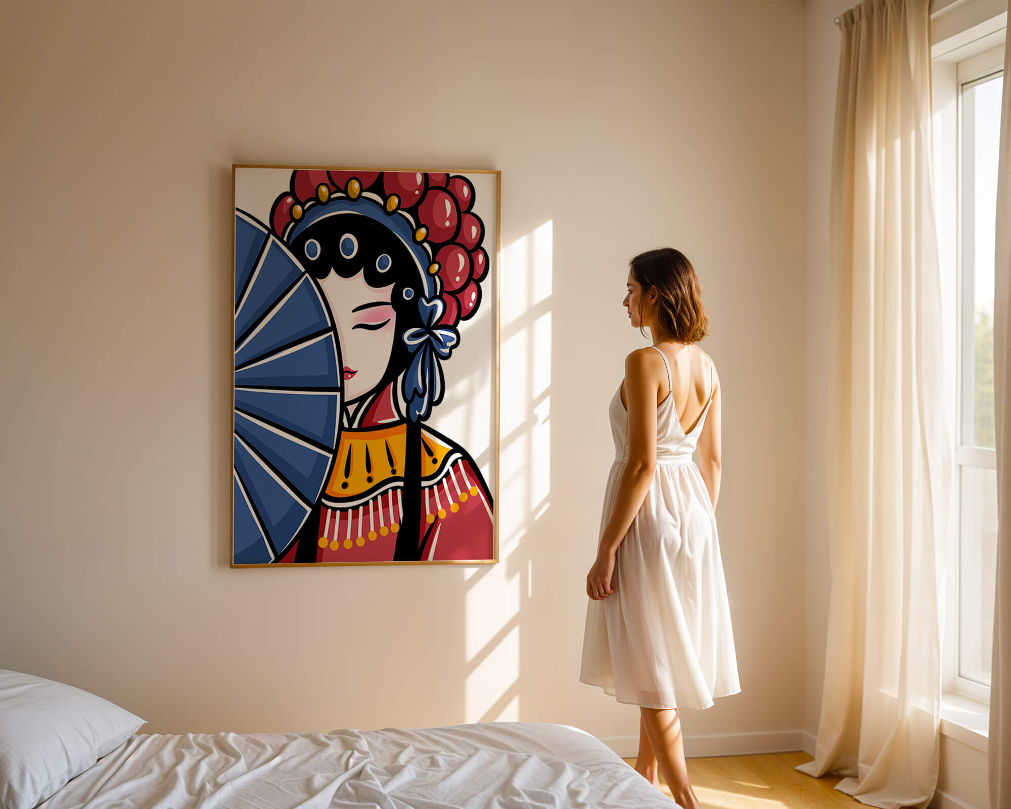 Traditional Asian opera character with fan and decorative headpiece