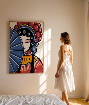 Traditional Asian opera character with fan and decorative headpiece