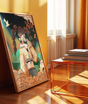 Anime girl with glasses surrounded by nature and cranes