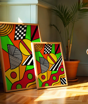 Vibrant geometric abstract artwork with bold colors and shapes