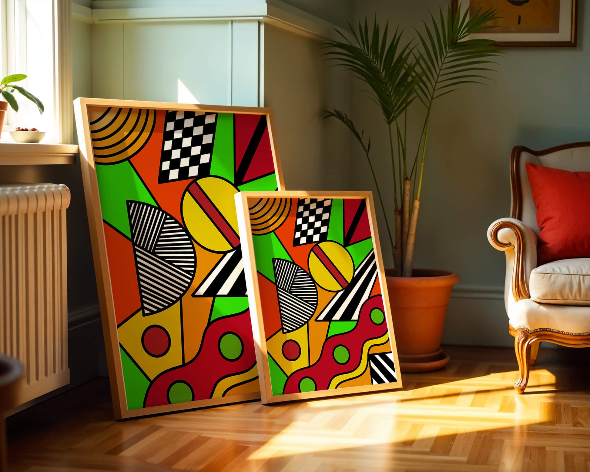 Vibrant geometric abstract artwork with bold colors and shapes