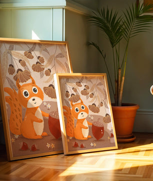 Orange Squirrel with Acorn in Autumn Forest