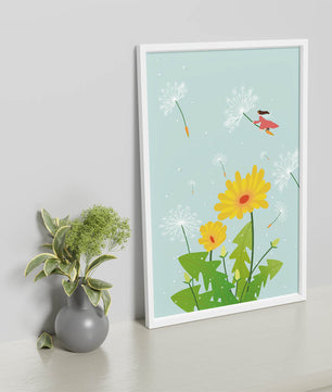 Whimsical illustration of a girl flying with dandelions in a colorful floral scene