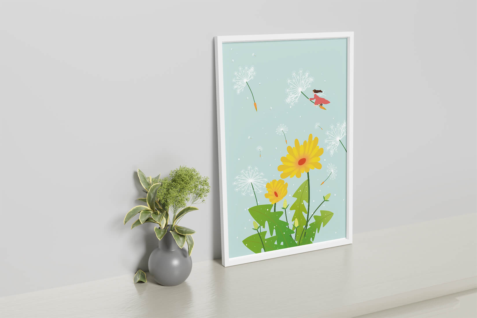 Whimsical illustration of a girl flying with dandelions in a colorful floral scene