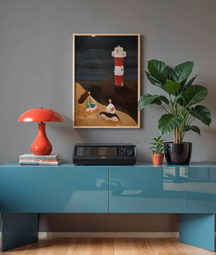 Peaceful Beach Scene with Lighthouse at Night