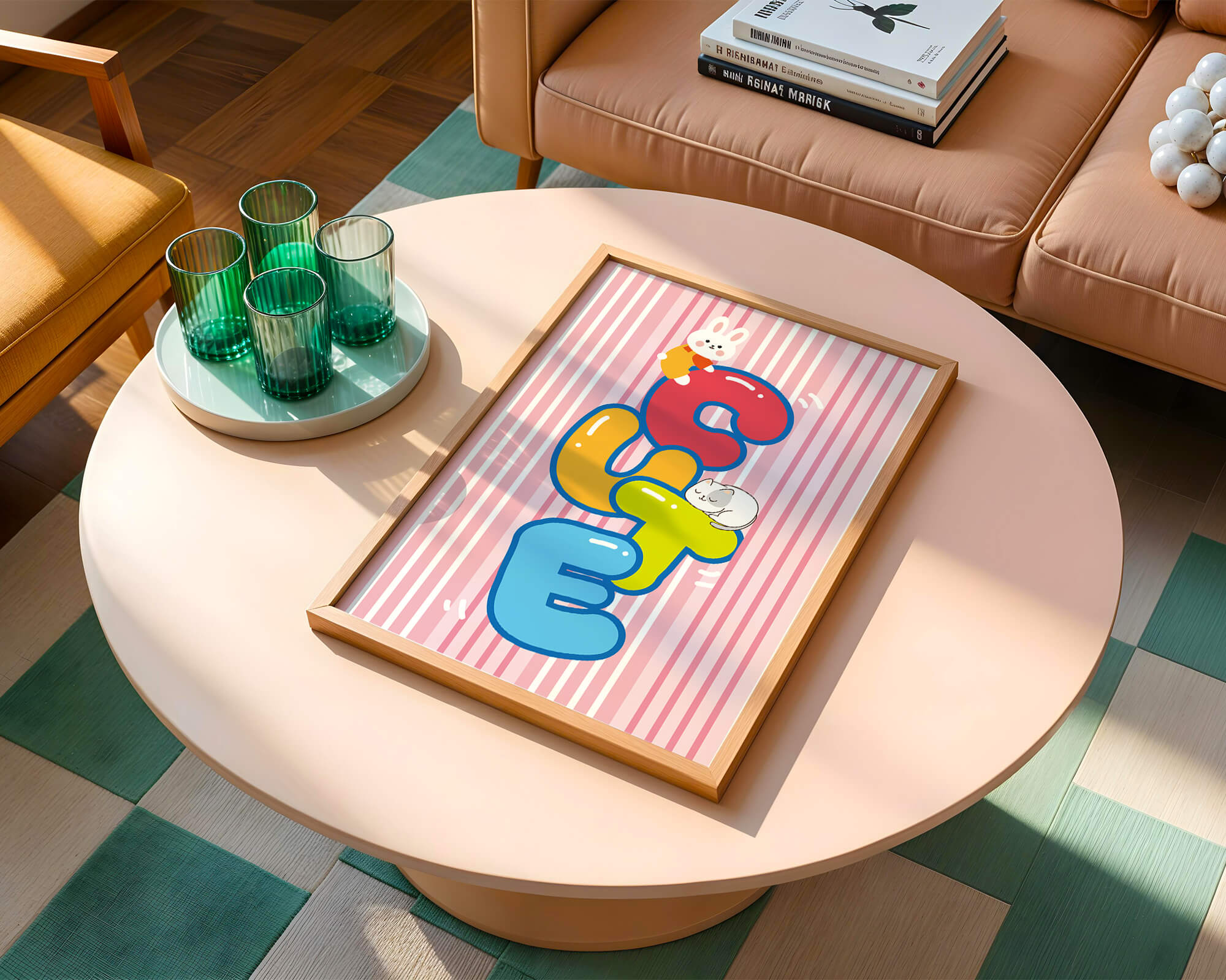 Playful cute illustration with bunny and kitten on colorful letters