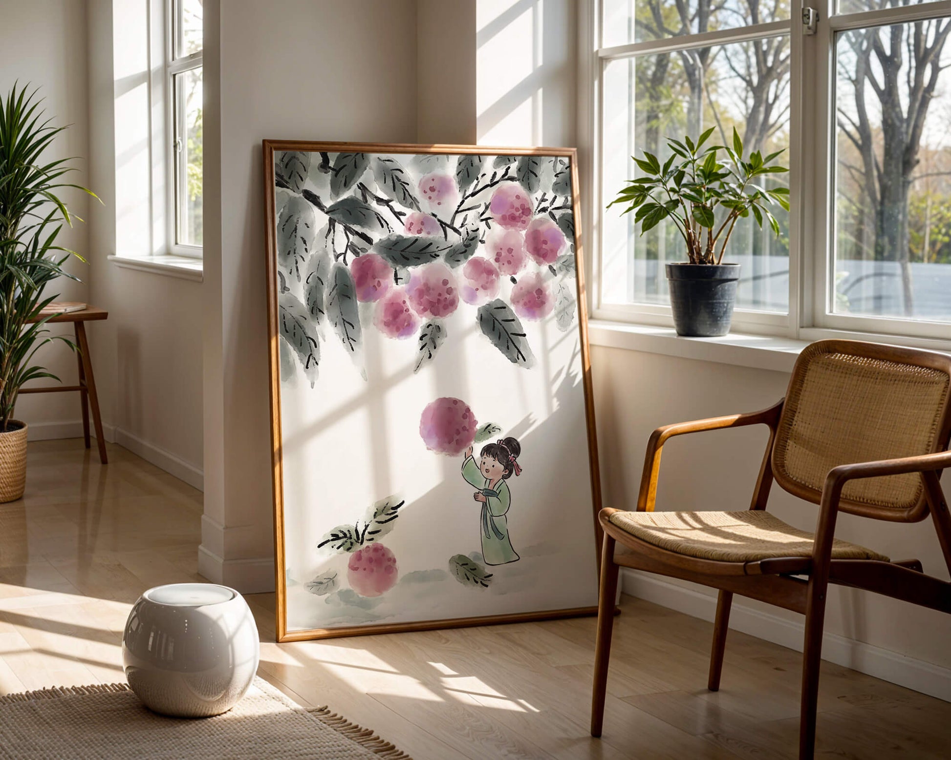 Ilustración encantadora de un niño con ropa tradicional, bayas vibrantes y hojas exuberantes