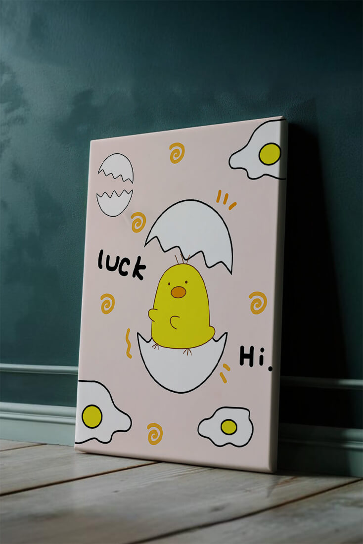 Chick hatching from an egg with cheerful expressions and fried egg motifs
