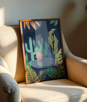 Ilustración botánica colorida con cactus y hojas tropicales