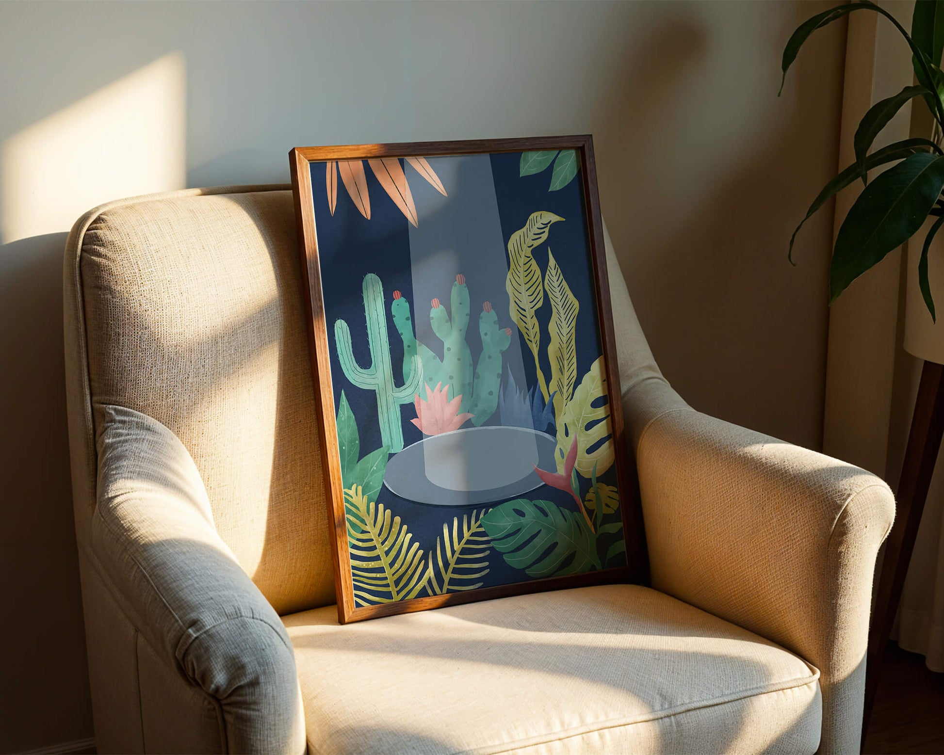 Colorful botanical illustration featuring cacti and tropical leaves