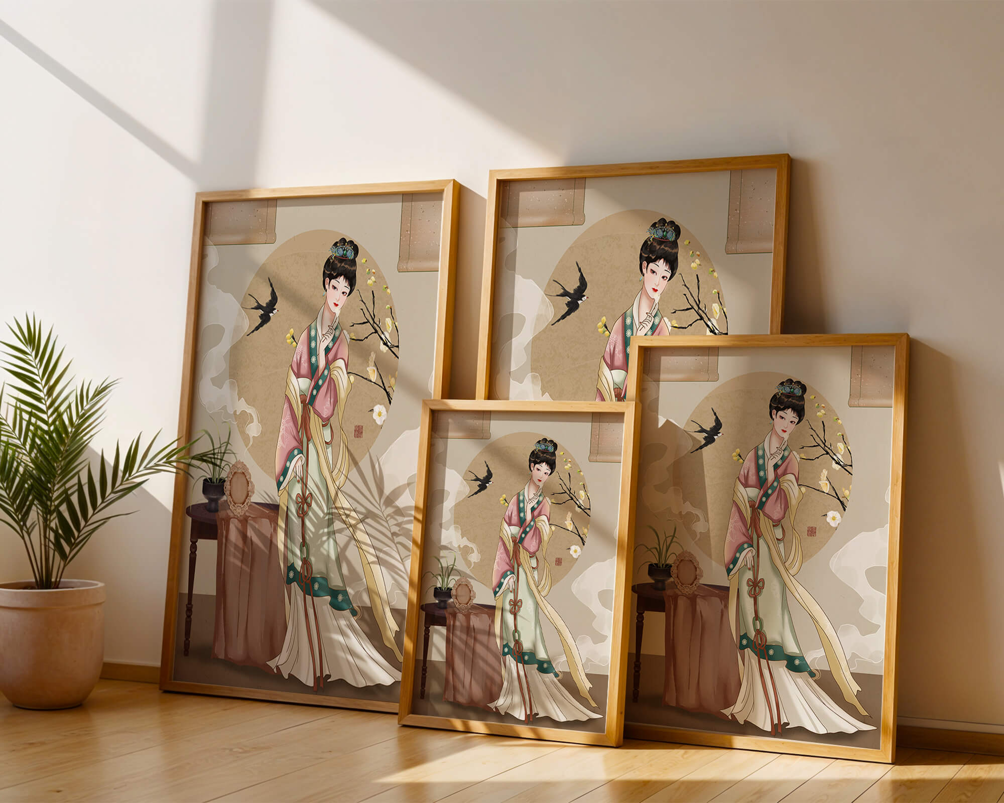 Elegant traditional Asian lady in classic attire with nature elements