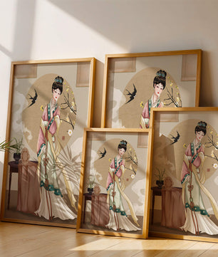 Elegante traditionelle asiatische Dame in klassischer Kleidung mit Naturelementen