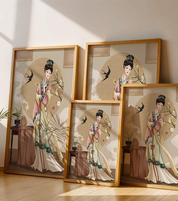 Elegant traditional Asian lady in classic attire with nature elements