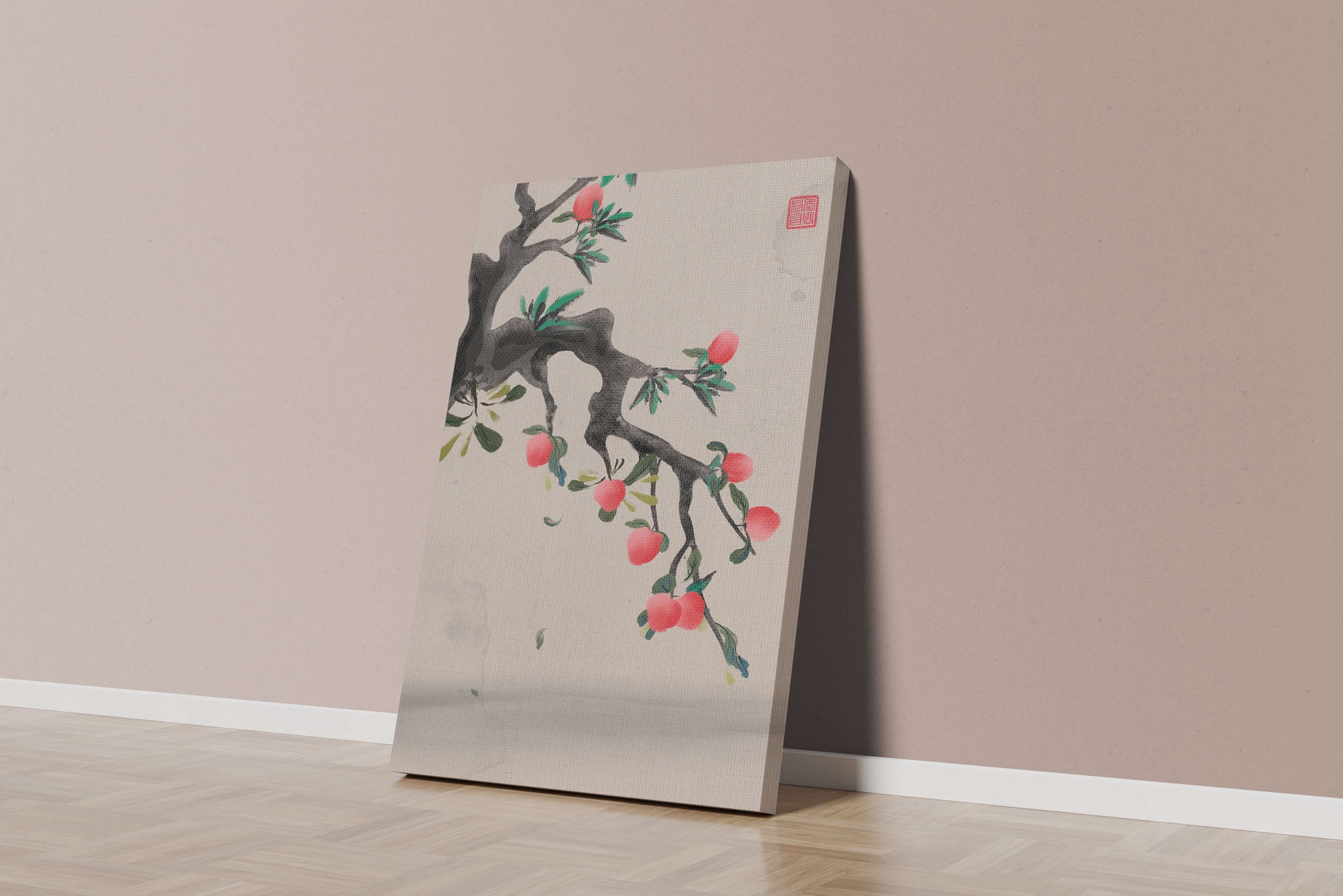 Asian ink painting featuring cherry blossoms on a textured background