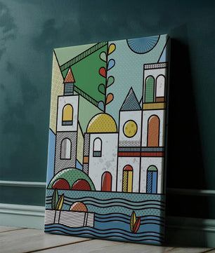 Paysage urbain géométrique coloré avec des éléments architecturaux modernes