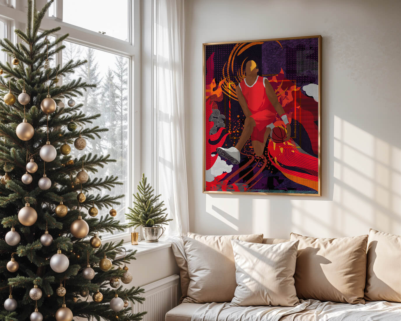 Dynamic illustration of a basketball player in motion with abstract patterns