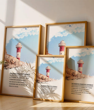 Faro inspirador con texto motivacional y fondo de cielo