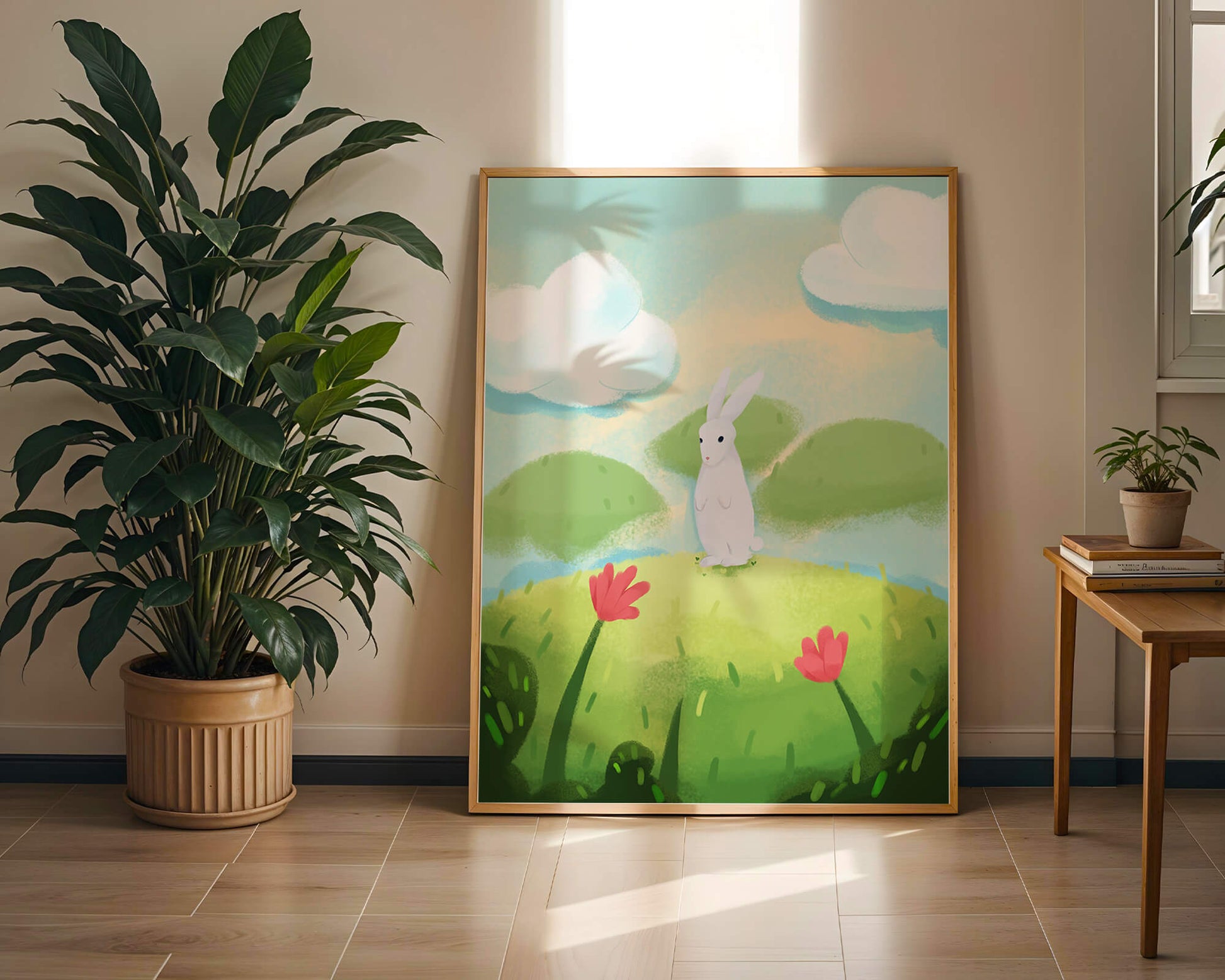 Whimsical landscape with rabbit and colorful flowers