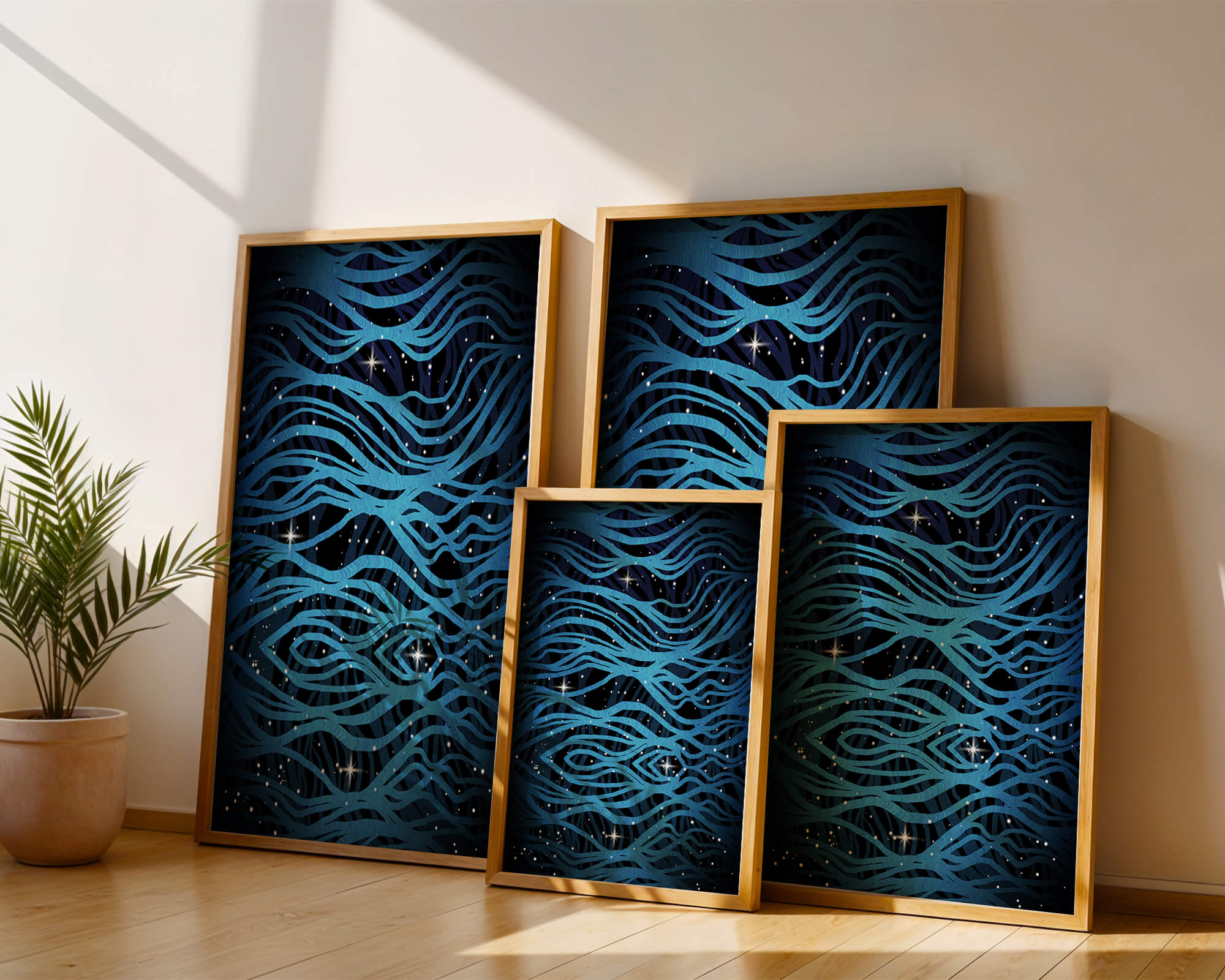 Abstract blue wave lines with starry night background